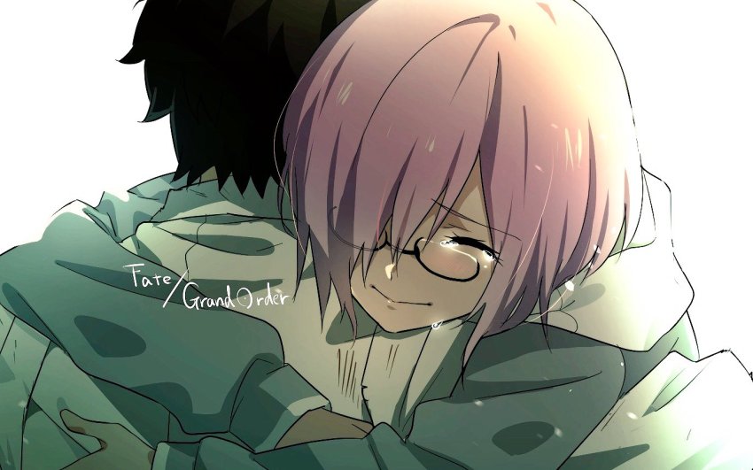 1boy, 1girl, backlighting, black-framed_eyewear, black_hair, close-up, closed_mouth, copyright_name