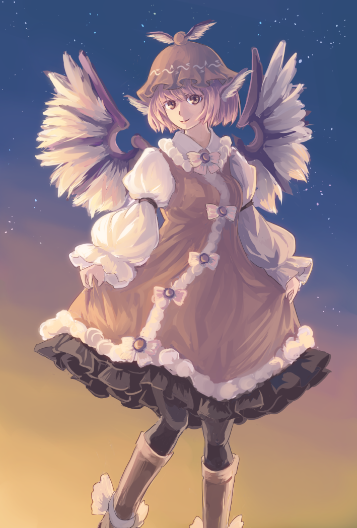 1girl, black_pantyhose, boots, brown_dress, curtsey, dress, female_focus, hat