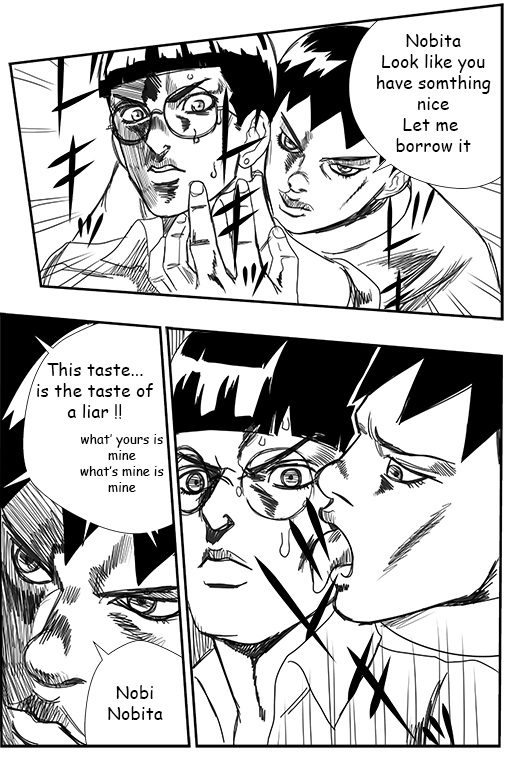 >:(, 2boys, araki_hirohiko_(style), black_hair, closed_mouth, doraemon, english_text, engrish_text