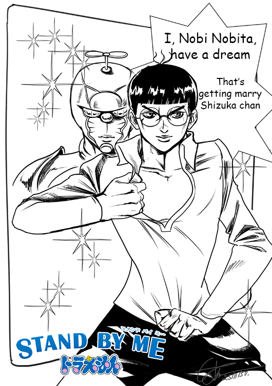 2boys, araki_hirohiko_(style), black_hair, blunt_bangs, collarbone, copyright_name, cowboy_shot, doraemon