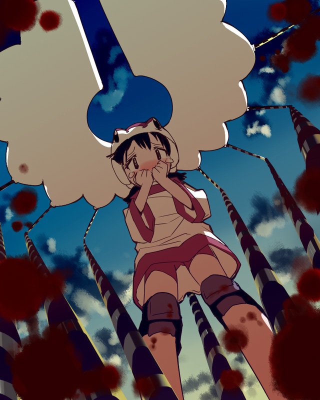 1girl, alien, alien_nine, bike_shorts, black_hair, blood, blush, borg_(alien_nine)