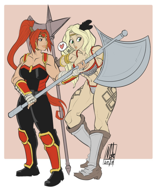 2girls, amazon_(dragon's_crown), artemis_of_bana-mighdall, axe, battle_axe, blonde_hair, breasts, crossover