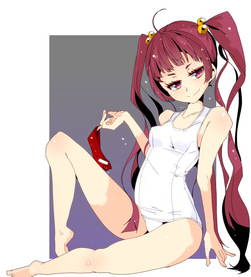 1girl, bad_id, bad_pixiv_id, barefoot, covered_erect_nipples, female_focus, hair_bobbles, hair_ornament, harumi_shinju, highres, long_hair, looking_at_viewer, one-piece_swimsuit, purple_eyes, purple_hair, school_swimsuit, shiun_sanchou, sitting, solo, swimsuit, tokyo_7th_sisters, twintails, very_long_hair, white_one-piece_swimsuit