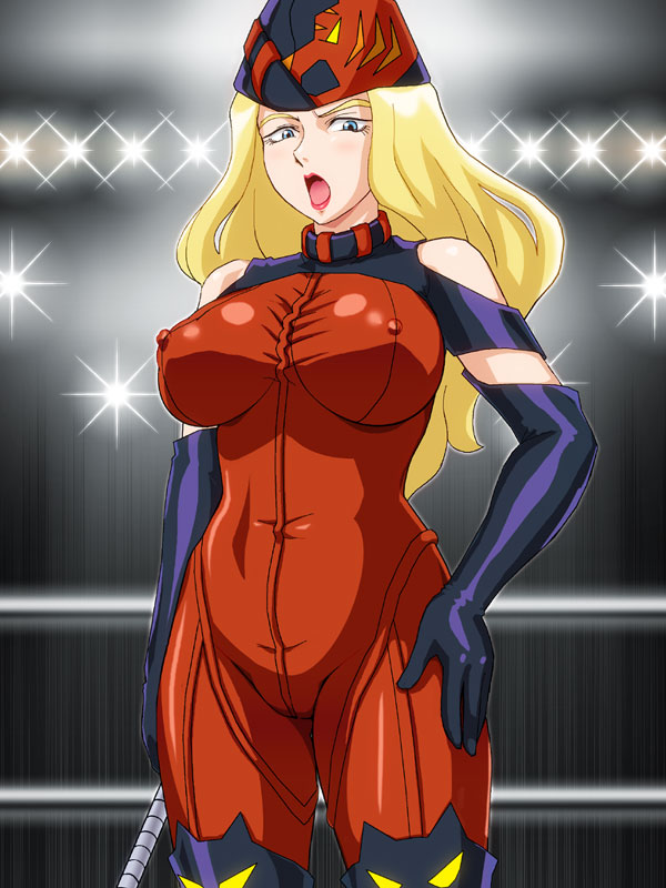 10s, 1girl, blonde_hair, blue_eyes, bodysuit, breasts, elbow_gloves, female_focus