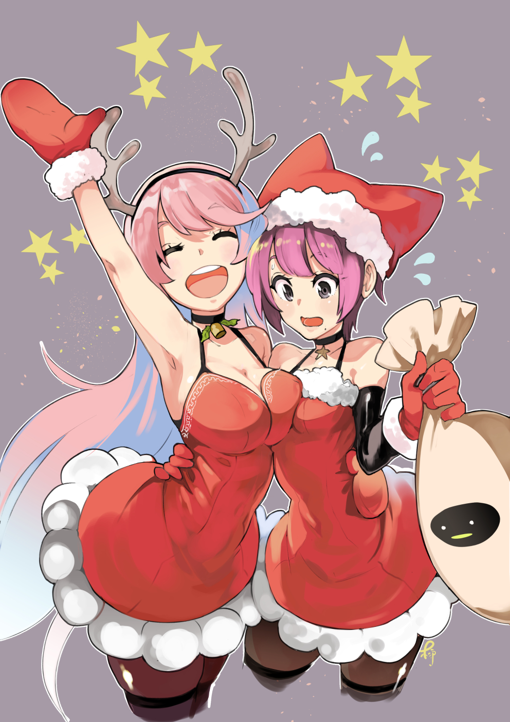 2girls, :d, alternate_costume, bare_shoulders, blush, boku_girl, breasts, choker, christmas, cleavage, commentary_request, detached_sleeves, dress, eyelashes, closed_eyes, fujiwara_yumeko, gender_request, genderswap, gloves, hair_ornament, happy, highres, large_breasts, long_hair, looking_at_viewer, medium_breasts, mole, mole_under_mouth, multiple_girls, official_art, open_mouth, pantyhose, pink_eyes, pink_hair, red_dress, red_gloves, santa_costume, short_hair, simple_background, smile, sugito_akira, suzushiro_mizuki, thighhighs, thighs