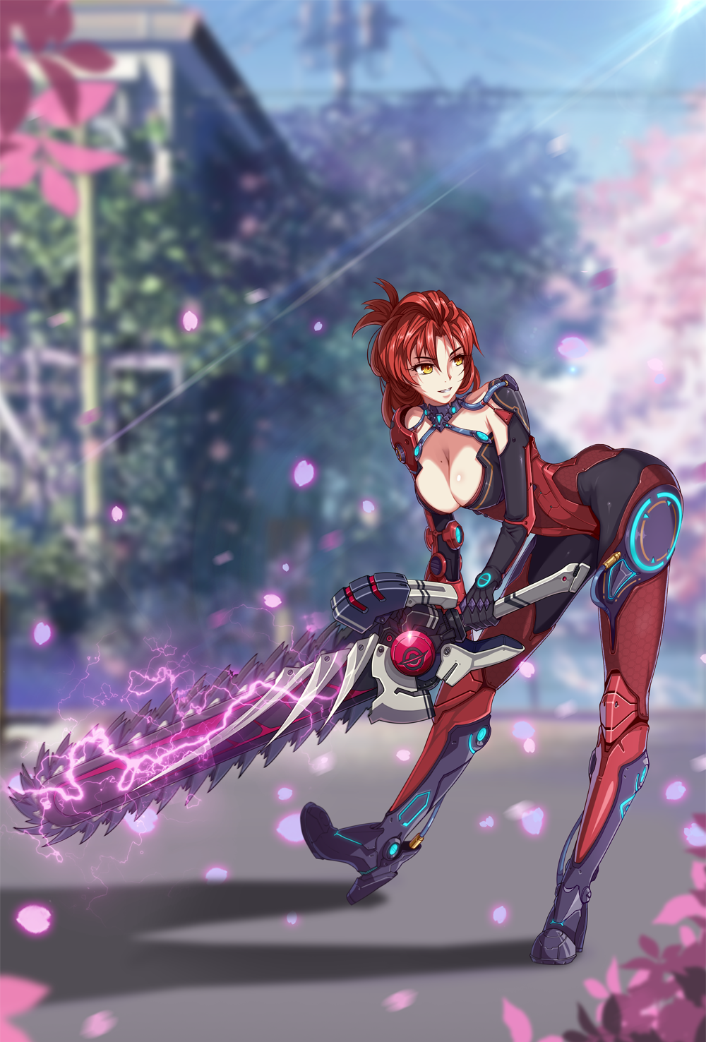 1girl, armor, armored_boots, blurry, blurry_background, bodysuit, boots, breasts