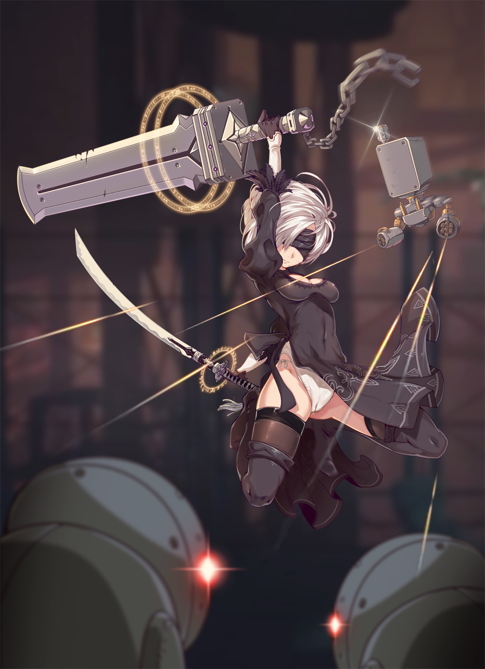 1girl, 2b_(nier:automata), action, android, asymmetrical_dual_wielding, black_boots, black_dress, black_hairband