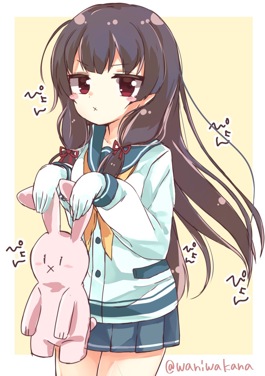 >:x, 10s, 1girl, x_mouth, absurdres, bad_id, bad_pixiv_id, black_hair, female_focus, gloves, grey_skirt, hair_ribbon, highres, isokaze_(kancolle), kantai_collection, long_hair, long_sleeves, looking_at_viewer, pleated_skirt, rabbit, red_eyes, ribbon, school_uniform, serafuku, skirt, solo, stuffed_animal, stuffed_rabbit, stuffed_toy, tress_ribbon, v-shaped_eyebrows, waniwa, white_gloves