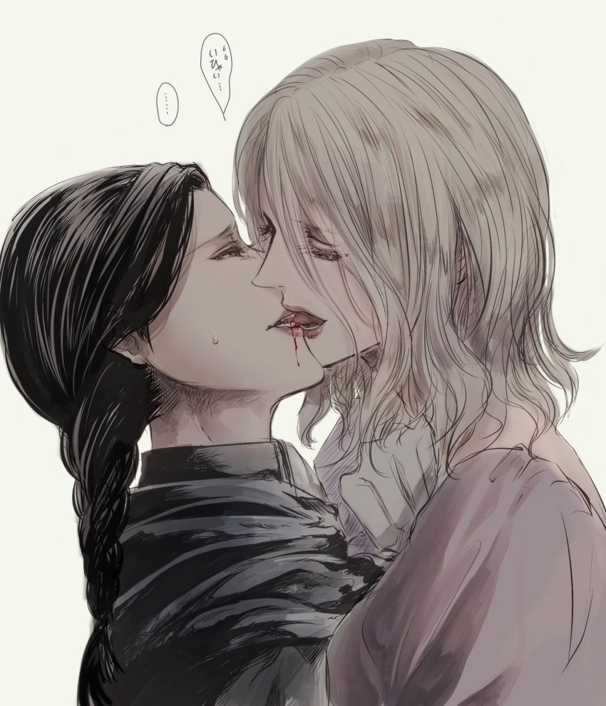 2girls, adella_the_nun, arianna_(bloodborne), black_hair, blonde_hair, blood, blood_from_mouth, blood_on_face