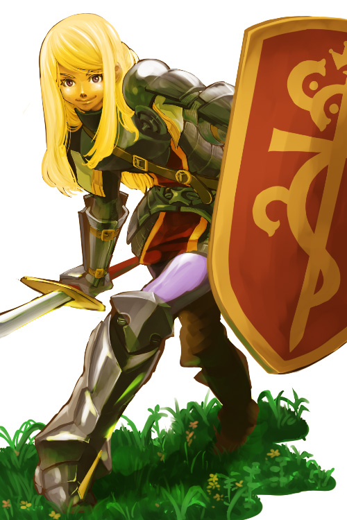 armor, atlus, blonde_hair, boots, etrian_odyssey, gauntlets, grass, long_hair