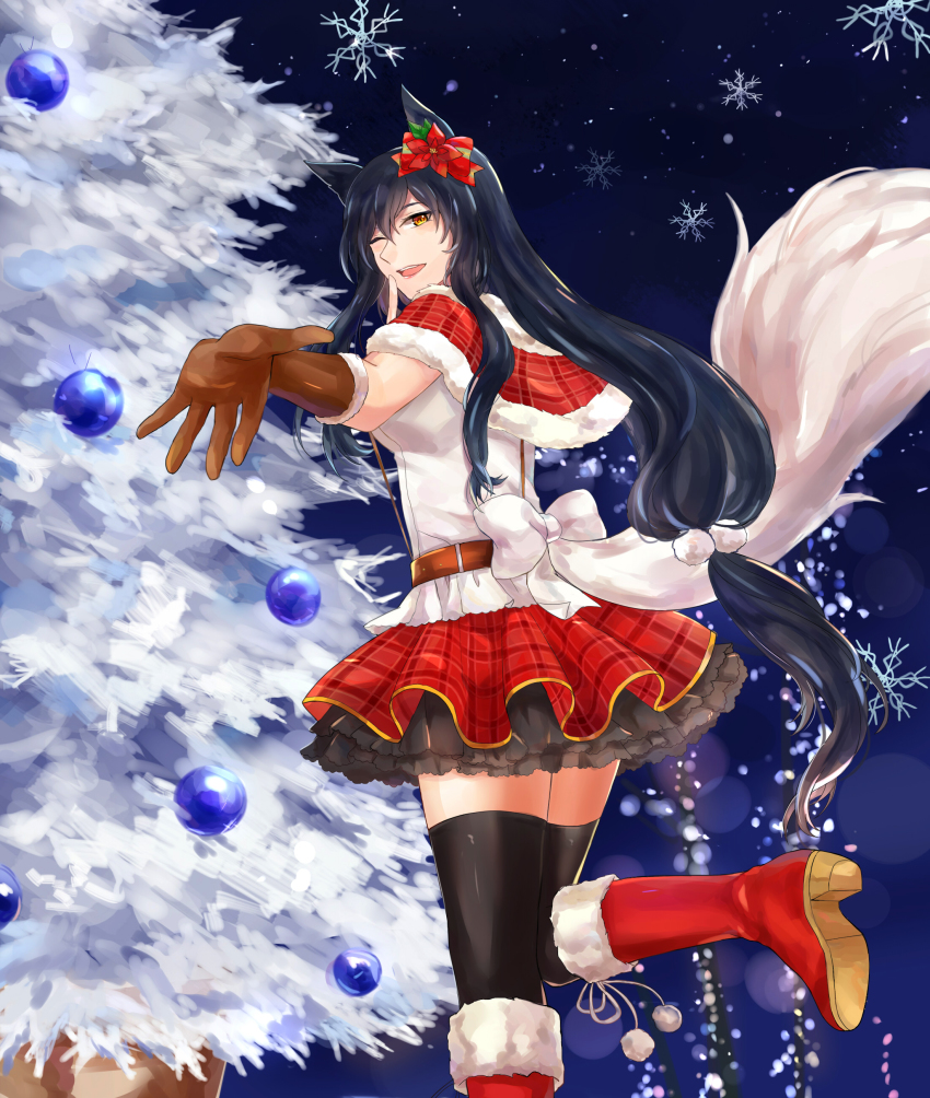 1girl, absurdres, ahri_(league_of_legends), alternate_costume, animal_ears, black_hair, boots, christmas_tree, female_focus, fox_ears, fox_tail, hair_ornament, hair_ribbon, highres, kaedetou, league_of_legends, lips, long_hair, one_eye_closed, petticoat, ribbon, skirt, snow, solo, tail, yellow_eyes