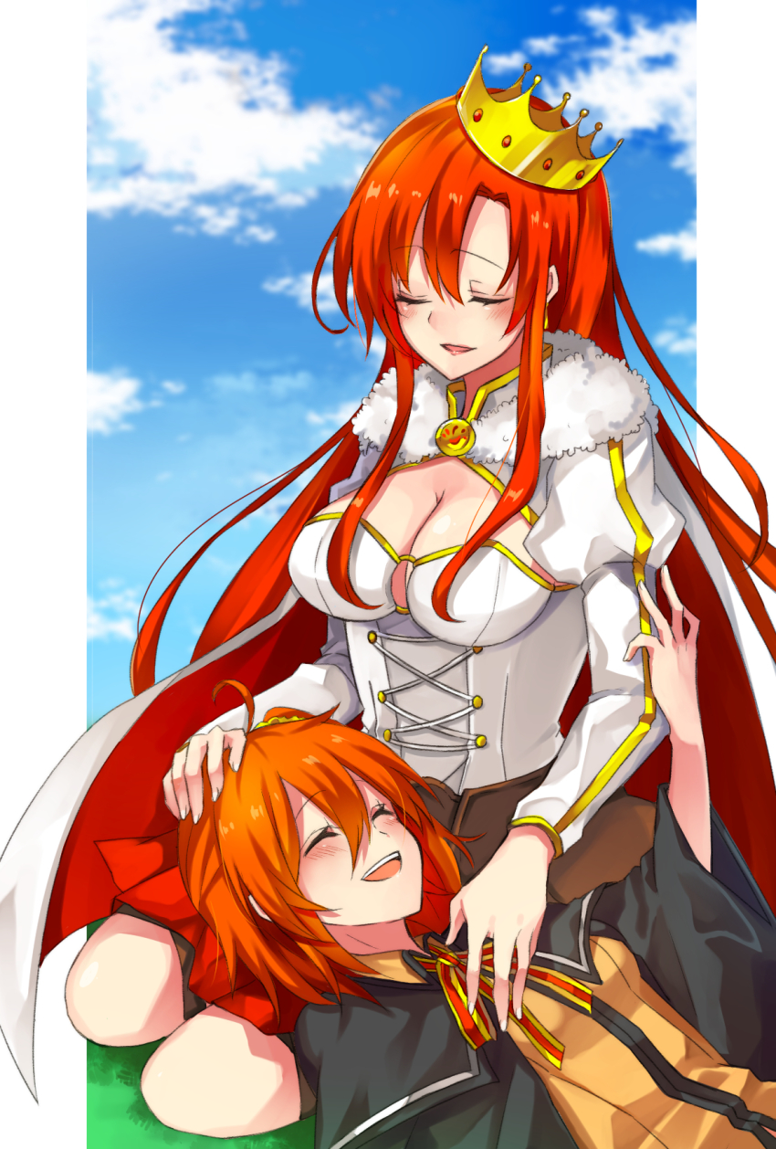 2girls, ahoge, blush, boudica_(fate), boudica_(third_ascension)_(fate), breasts, cape, capelet
