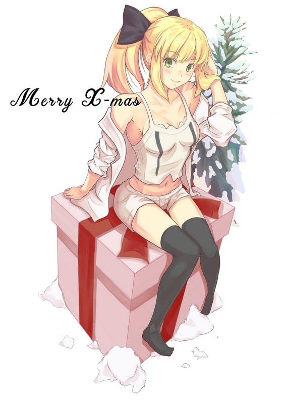 1girl, artoria_pendragon_(fate), azalea_(thenewhorde), bare_shoulders, black_ribbon, black_thighhighs, blonde_hair, blush