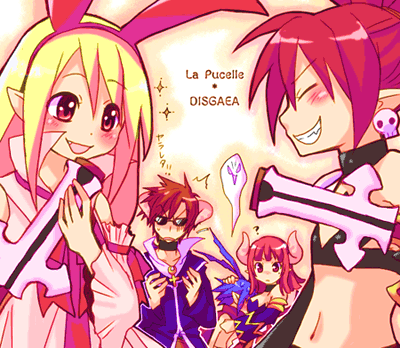 2boys, 3girls, ?, blonde_hair, blue_hair, blush, brown_hair, company_connection, croix_raoul, crossover, disgaea, etna_(disgaea), fang, flonne, flonne_(fallen_angel), grin, gun, horns, la_pucelle, laharl, lowres, maou_prier, multiple_boys, multiple_girls, nippon_ichi, missing_legwear, pink_hair, pointy_ears, prier, questionmark, red_hair, smile, tsuyuka_(sunny_spot), weapon