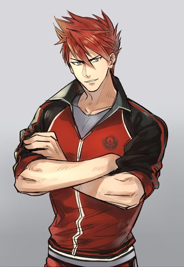 10s, 1boy, crossed_arms, grey_background, maji_(m), male_focus, ookanehira_(touken_ranbu), pointy_hair, red_hair, simple_background, smile, solo, touken_ranbu, track_suit, upper_body