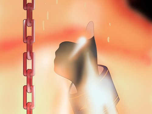 1girl, chain, female_focus, lava, lowres, lyrical_nanoha, mahou_shoujo_lyrical_nanoha, mahou_shoujo_lyrical_nanoha_movie, mahou_shoujo_lyrical_nanoha_the_movie_1st, parody, solo, t-800, takamachi_nanoha, terminator_(series), the_terminator, thumbs_up