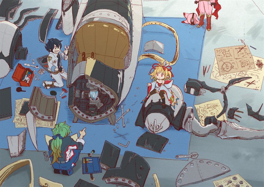 10s, 2boys, 2girls, black_hair, blonde_hair, blueprint_(object), boots, crystal