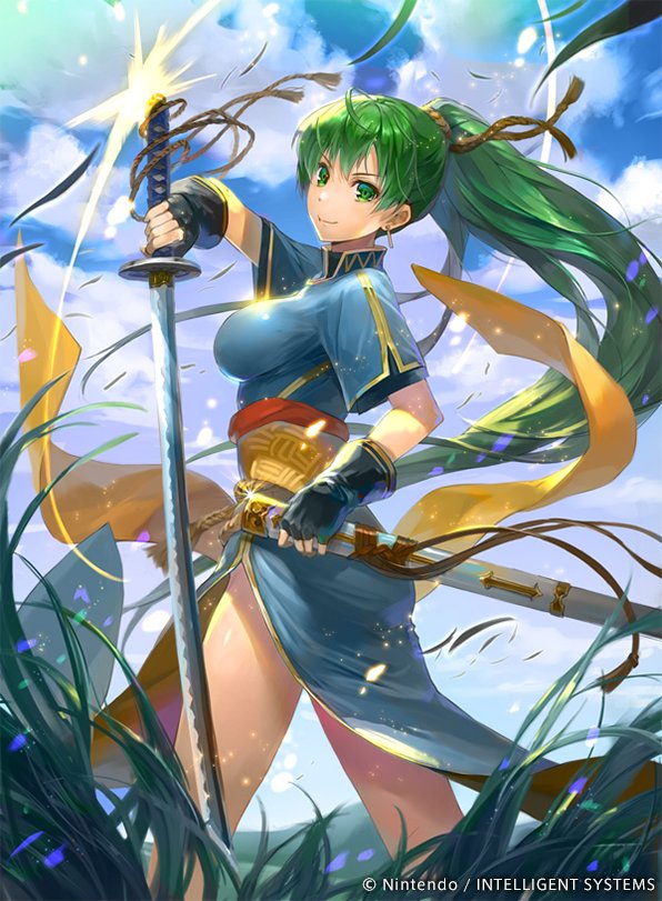 1girl, bare_legs, black_gloves, breasts, cloud, day, earrings, female_focus, fingerless_gloves, fire_emblem, fire_emblem:_the_blazing_blade, fire_emblem_cipher, from_side, gloves, grass, green_eyes, green_hair, hmk84, holding, holding_sword, holding_weapon, jewelry, katana, large_breasts, legs, long_hair, looking_at_viewer, looking_to_the_side, lyn_(fire_emblem), matching_hair/eyes, nintendo, official_art, ponytail, sash, scabbard, sheath, short_sleeves, side_slit, sky, smile, solo, standing, sword, very_long_hair, weapon