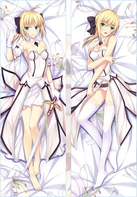 2girls, ahoge, artoria_pendragon_(fate), bare_legs, black_ribbon, blonde_hair, blush, breasts, caliburn_(fate), cleavage, dakimakura_(medium), detached_sleeves, embarrassed, fate/unlimited_codes, fate_(series), flower, gloves, hair_ribbon, lily_(flower), lying, medium_breasts, miao_fan, multiple_girls, on_back, panties, petals, ribbon, saber_(fate), saber_lily, thighhighs, underwear, white_gloves, white_legwear
