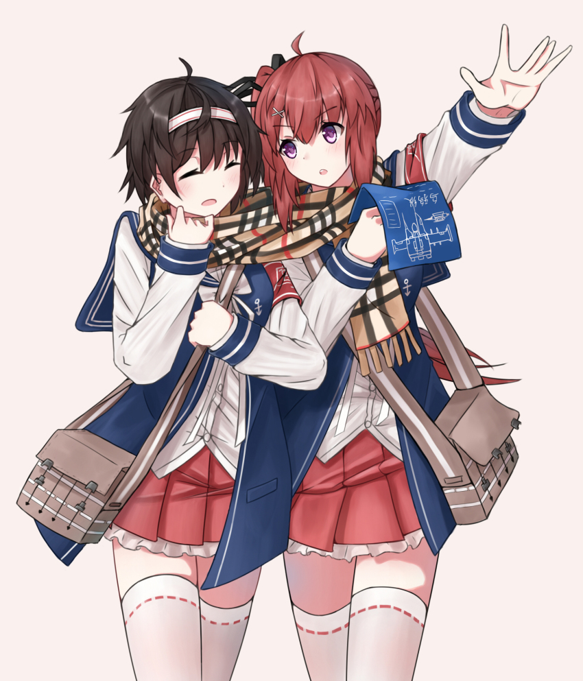 2girls, ahoge, arm_up, armband, bag, blue_vest, blueprint_(object), bow