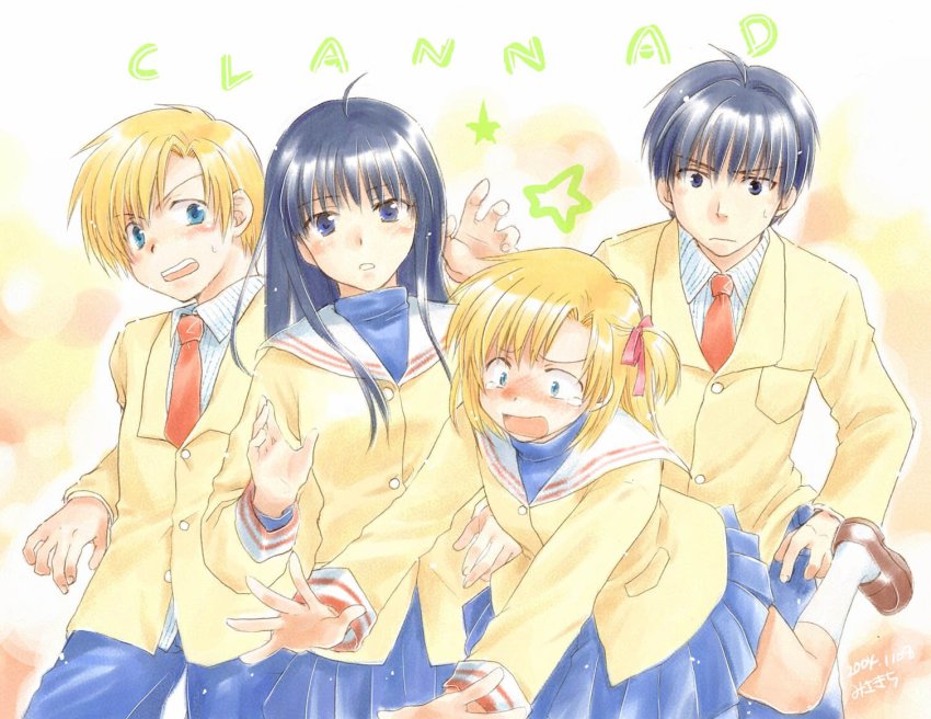00s, 2boys, 2girls, ahoge, blonde_hair, blue_eyes, blush, clannad