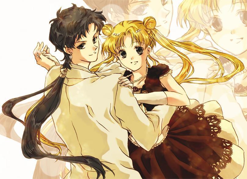 1990s_(style), 1boy, 1girl, bishoujo_senshi_sailor_moon, bishoujo_senshi_sailor_moon_sailor_stars, bishoujo_senshi_sailor_moon_stars, black_eyes, blonde_hair, brown_hair, couple, dancing, dress, formal_clothes, fragrant_olive, jewelry, kou_seiya, mei_kurumi_(fragrant_olive), necklace, ponytail, retro_artstyle, seiya_kou, sepia, tsukino_usagi, twintails