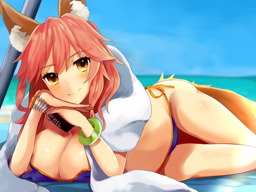 1girl, animal_ears, bad_anatomy, bikini, blue_bikini, blush, breasts, cleavage, fate/grand_order, fate_(series), female_focus, fox_ears, fox_tail, guricoogen, highres, large_breasts, long_hair, looking_at_viewer, lying, ocean, on_side, pink_hair, solo, swimsuit, tail, tamamo_no_mae_(fate), tamamo_no_mae_(swimsuit_lancer)_(fate), yellow_eyes