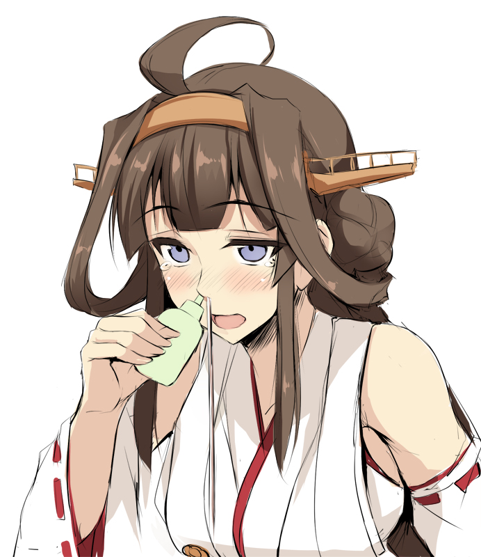 10s, 1girl, ahoge, bare_shoulders, blue_eyes, blush, bottle, breasts, brown_hair, detached_sleeves, female_focus, hair_bun, headgear, kantai_collection, kongou_(kancolle), long_hair, medium_breasts, nasal_irrigation, nontraditional_miko, open_mouth, simple_background, single_hair_bun, solo, tears, white_background, zekkyon
