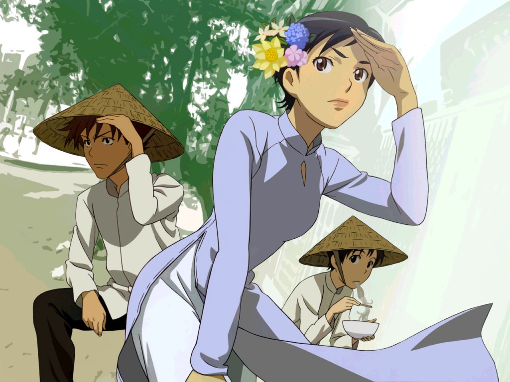 00s, 1girl, 2boys, black_hair, blood+, bowl, brown_eyes, chopsticks, conical_straw_hat, day, dress, dutch_angle, eating, family, flower, food, hair_flower, hair_ornament, hat, kneeling, looking_afar, miyagusuku_kai, miyagusuku_riku, multiple_boys, non-web_source, noodles, otonashi_saya, photo_background, rice_hat, shading_eyes, short_hair, tree, ao_dai