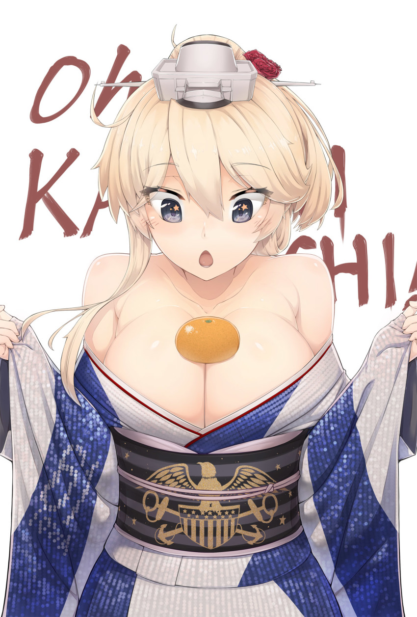 10s, 1girl, ahoge, bare_shoulders, black_eyes, blonde_hair, breasts, cleavage, collarbone, female_focus, flower, food, food_on_body, food_on_breasts, fruit, grey_eyes, hair_flower, hair_ornament, headgear, highres, iowa_(kancolle), iowa_(new_year)_(kancolle), japanese_clothes, kantai_collection, kimono, large_breasts, light_brown_hair, long_hair, looking_at_viewer, mandarin_orange, obi, off_shoulder, open_clothes, open_kimono, open_mouth, oppai_mochi, ponytail, sash, simple_background, solo, star-shaped_pupils, star_(symbol), symbol-shaped_pupils, urigarasu, white_background