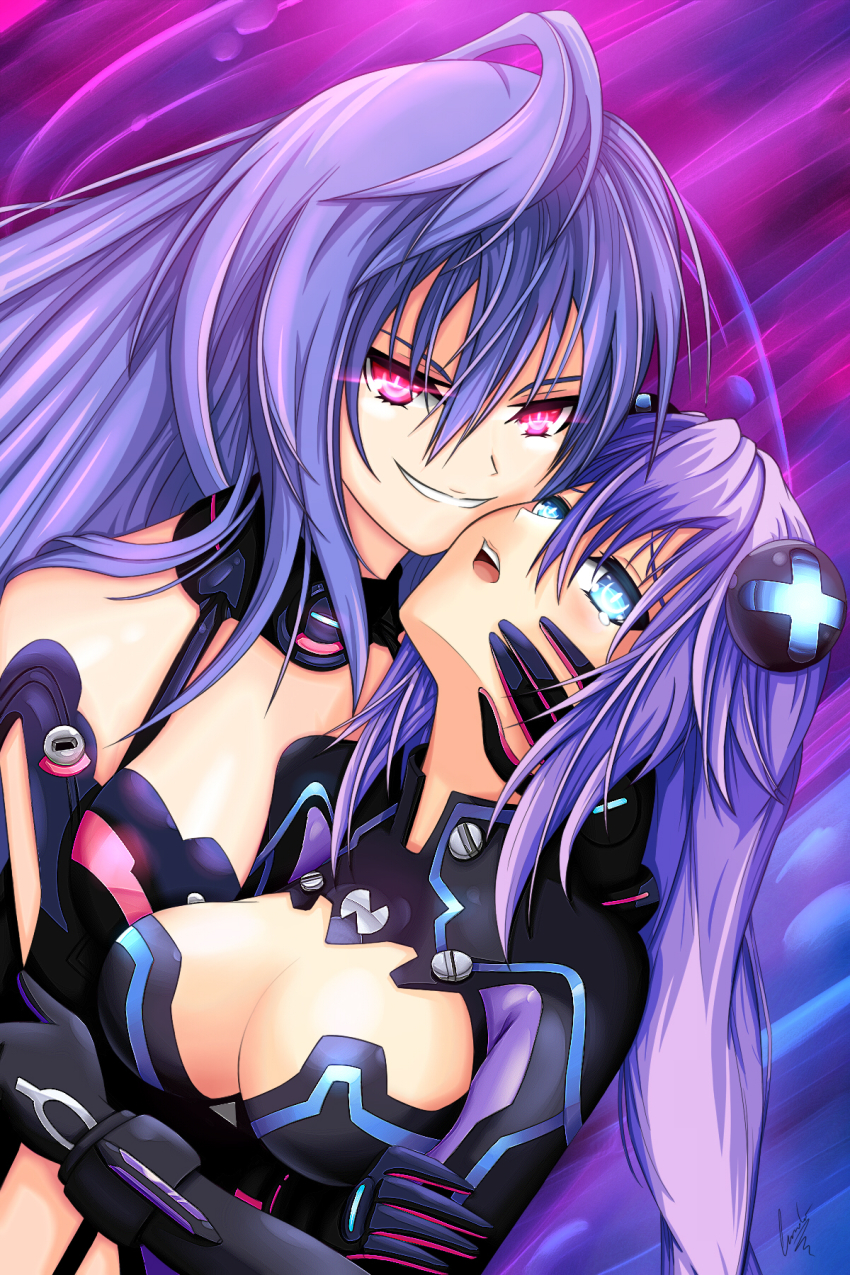 10s, 2girls, bad_id, bad_pixiv_id, blue_eyes, blue_hair, braid, breasts, cleavage, cleavage_cutout, clothing_cutout, cundodeviant, female_focus, hair_ornament, hand_on_another's_cheek, hand_on_another's_face, highres, iris_heart_(neptunia), leotard, long_hair, looking_at_viewer, multiple_girls, naughty_face, neptune_(neptunia), neptune_(series), power_symbol, power_symbol-shaped_pupils, purple_hair, purple_heart_(lost_purple)_(neptunia), purple_heart_(neptunia), pururut, red_eyes, symbol-shaped_pupils, twin_braids, very_long_hair, yuri