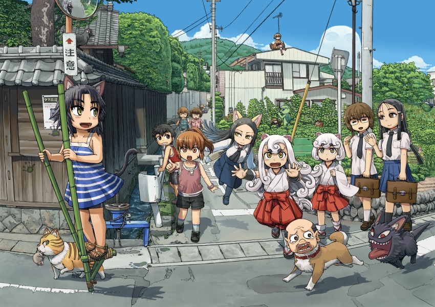 akaname_(neko_musume_michikusa_nikki), animal_ears, bag, bakeneko, black_hair, cat_ears, cat_tail, cover