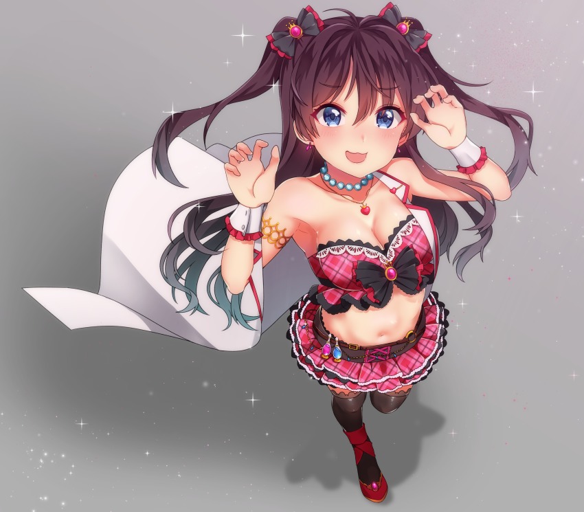 10s, 1girl, absurdres, bad_id, bad_pixiv_id, black_thighhighs, blue_eyes, blush, breasts, brown_hair, cleavage, female_focus, highres, ichinose_shiki, idolmaster, idolmaster_cinderella_girls, idolmaster_cinderella_girls_starlight_stage, jewelry, long_hair, looking_at_viewer, looking_up, makurappoi, medium_breasts, midriff, necklace, open_mouth, pearl_necklace, smile, solo, thighhighs, two_side_up