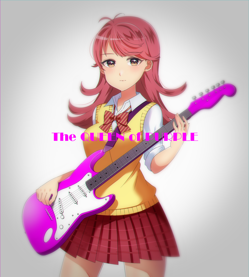 1girl, antenna_hair, bad_id, bad_pixiv_id, breasts, female_focus, guitar, instrument