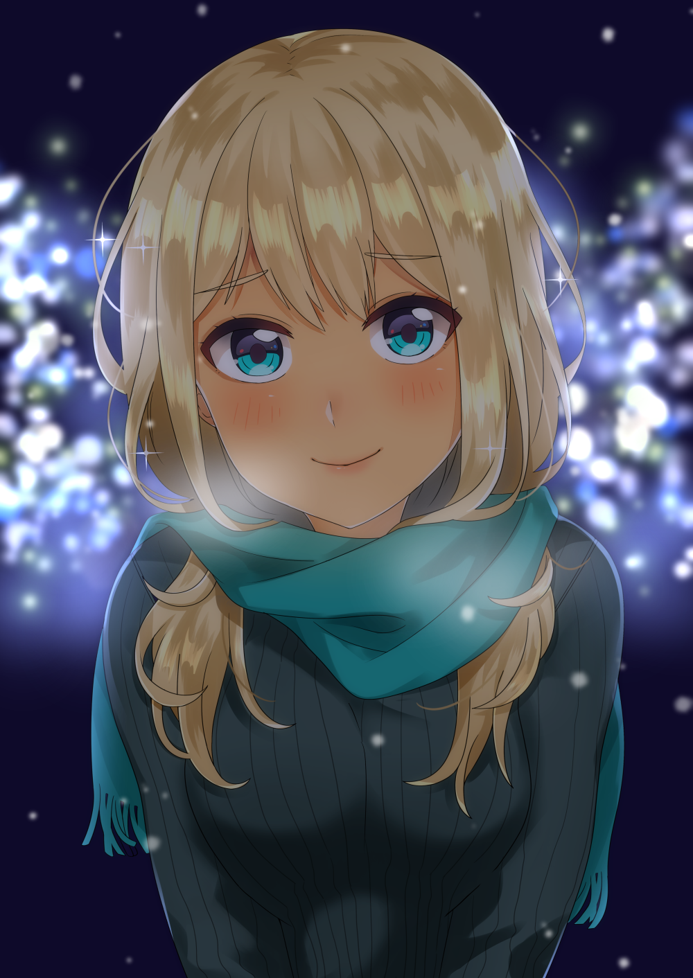 1girl, alessandra_susu, bad_id, bad_pixiv_id, blonde_hair, blue_eyes, blurry, blush, bokeh, breasts, depth_of_field, female_focus, highres, long_hair, looking_at_viewer, makurappoi, scarf, smile, snow, solo, tan, tokyo_7th_sisters, upper_body