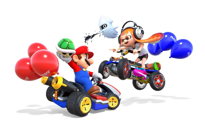 1boy, 1girl, absurdres, balloon, blooper_(mario), crossover, highres, inkling