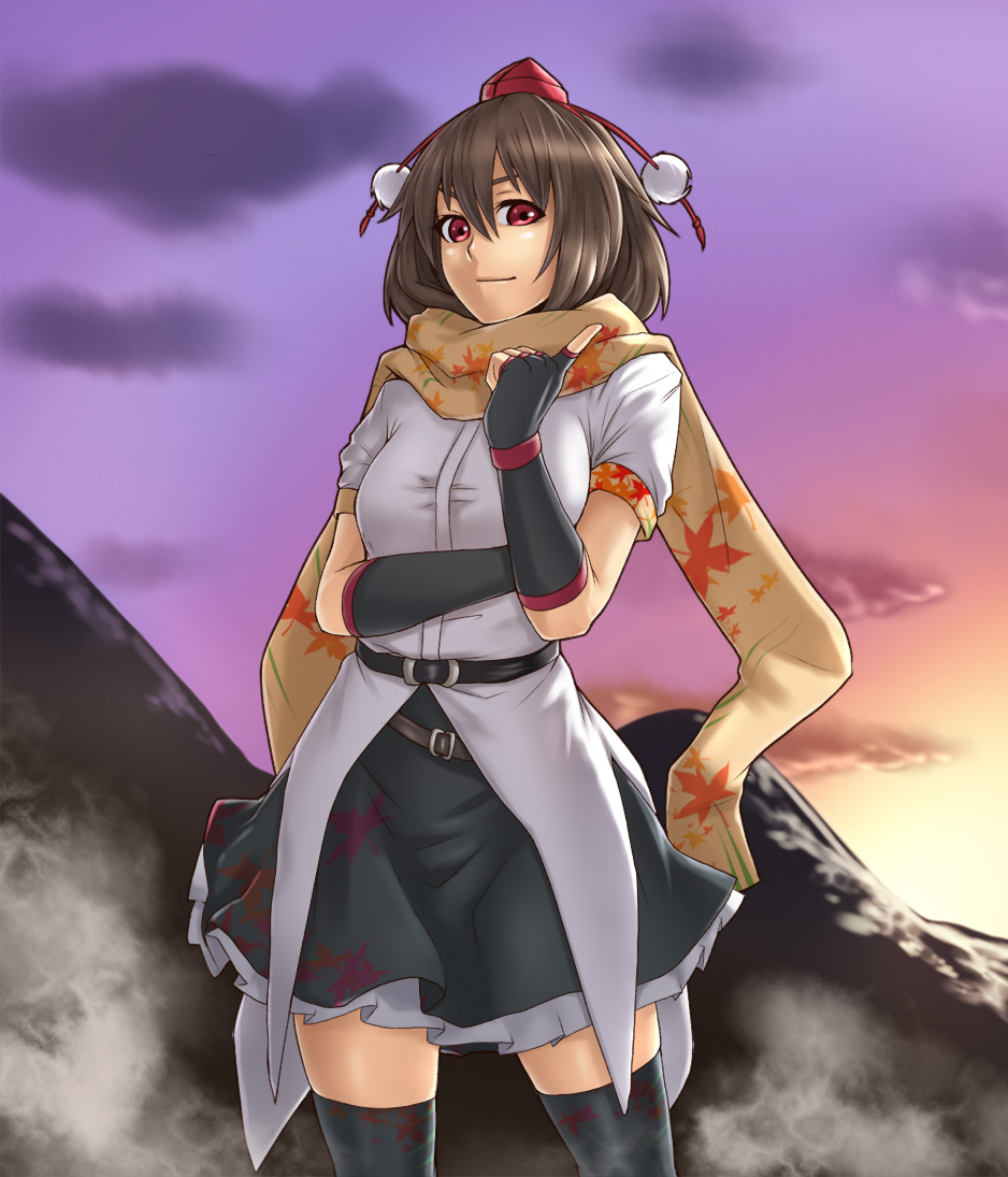 1girl, brown_hair, female_focus, fingerless_gloves, gloves, hat, hou_takashi_ji, houtengeki