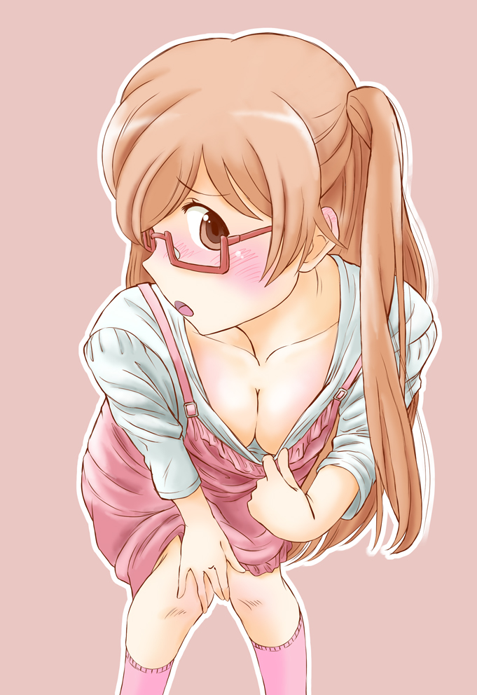 10s, 1girl, blush, breasts, brown_eyes, brown_hair, cleavage, downblouse, female_focus, glasses, leaning_forward, long_hair, marutaya, medium_breasts, open_mouth, pink_background, shiraishi_(tanakeda), simple_background, solo, tanaka-kun_wa_itsumo_kedaruge, twintails