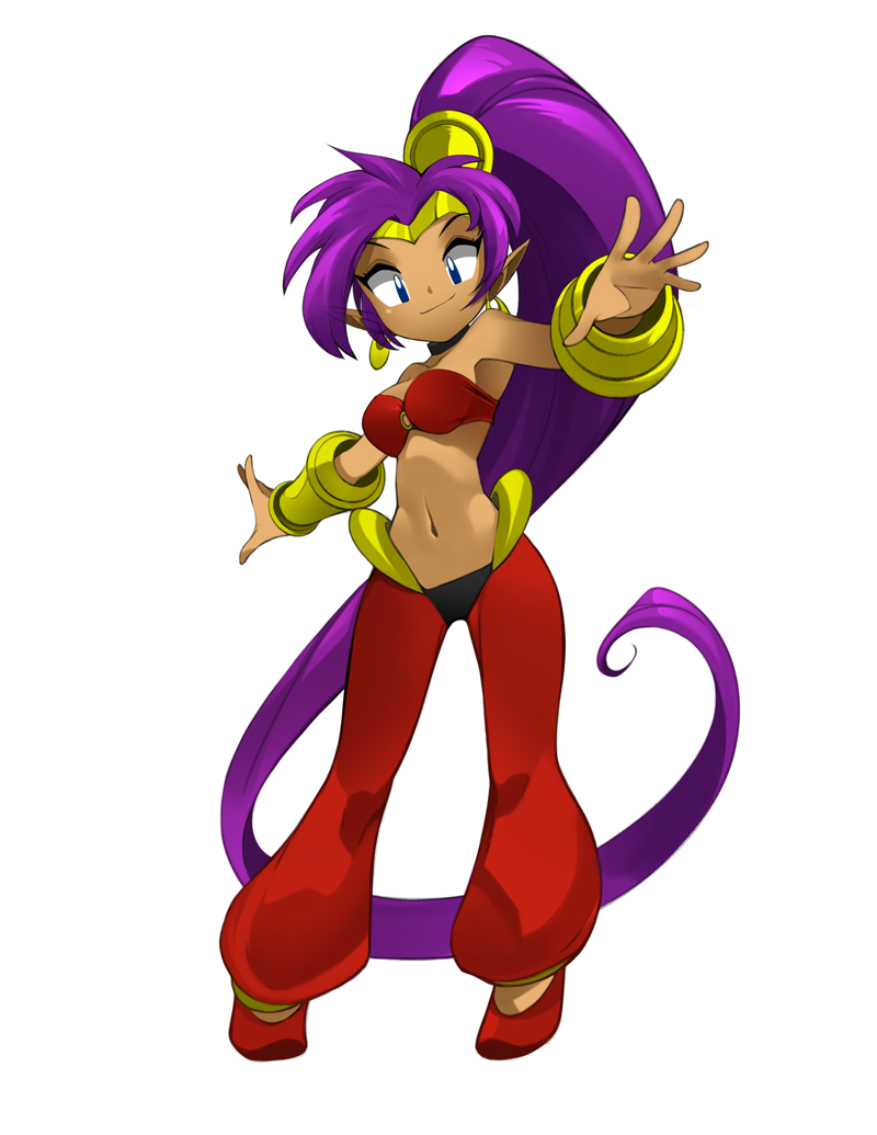 1girl, absurdly_long_hair, armpit_peek, bleedman, blue_eyes, bra, bracer, choker, dark-skinned_female, dark_skin, earrings, female_focus, full_body, hair_ornament, harem_outfit, harem_pants, jewelry, long_hair, looking_at_viewer, midriff, navel, pants, pointy_ears, ponytail, purple_hair, reaching, reaching_towards_viewer, red_bra, shantae, shantae_(series), simple_background, smile, solo, standing, stomach, underwear, vambraces, very_long_hair, white_background, yellow_hair_ornament