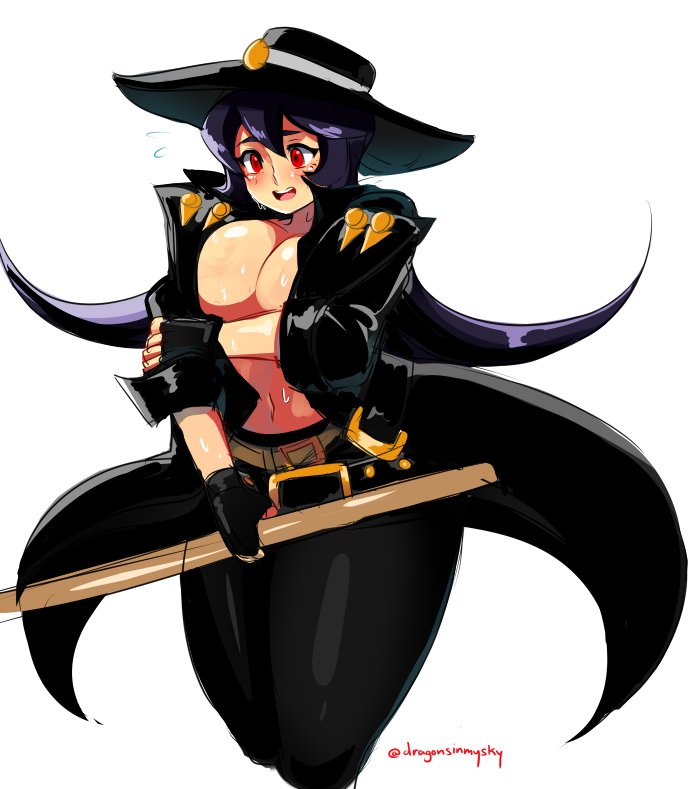1girl, belt, black_gloves, breasts, cleavage, coat, cosplay, covering_breasts, covering_privates, cropped_legs, d-ryuu, embarrassed, female_focus, filia_(skullgirls), fingerless_gloves, gloves, guilty_gear, hat, johnny_(guilty_gear), johnny_(guilty_gear)_(cosplay), kendo_stick, large_breasts, long_hair, no_bra, open_clothes, open_coat, pants, red_eyes, sketch, skullgirls, solo, sweat, sword, thick_thighs, thighs, weapon