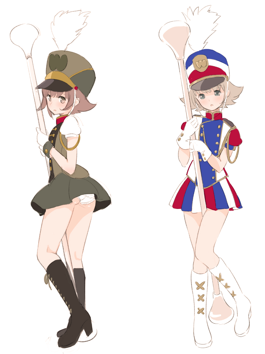 1girl, alternate_color, band_uniform, baton, blonde_hair, blue_eyes, boots, brown_eyes