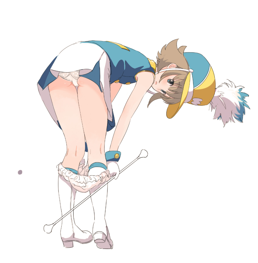 1girl, alternate_color, ass, band_uniform, bent_over, bloomers, boots, brown_hair, buruma, buruma_pull, character_name, clothes_pull, female_focus, flat_chest, flipped_hair, full_body, gloves, hat, high_heels, highres, knee_boots, kokudou_juunigou, looking_at_viewer, open_mouth, panties, pantyshot, polka_dot, polka_dot_panties, shako_cap, short_hair, simple_background, sleeveless, solo, underwear, undressing, wanda_(wonder_festival), white_background, white_boots, white_gloves, white_panties, wonder_festival