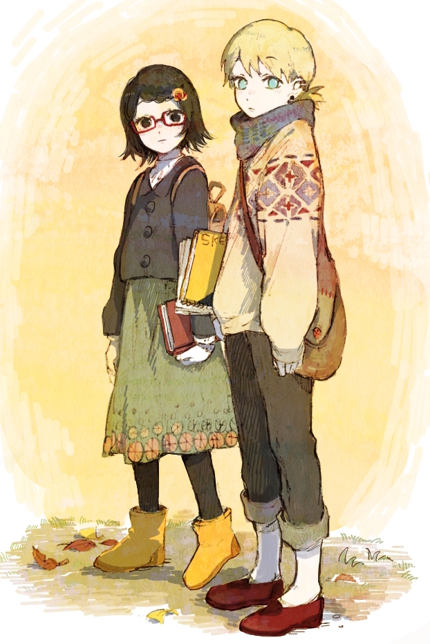 1boy, 1girl, alternate_hairstyle, ankle_boots, aqua_eyes, arms_at_sides, autumn, autumn_leaves
