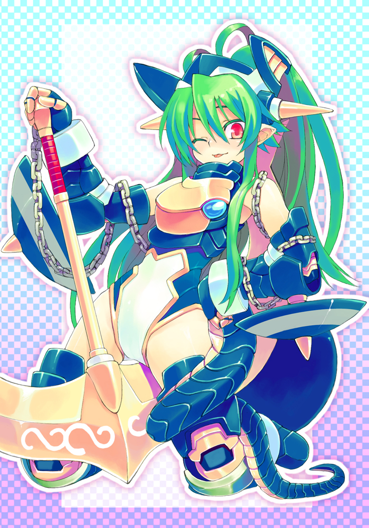 1girl, :p, anchor, armor, chain, female_focus, green_hair, hand_on_own_hip