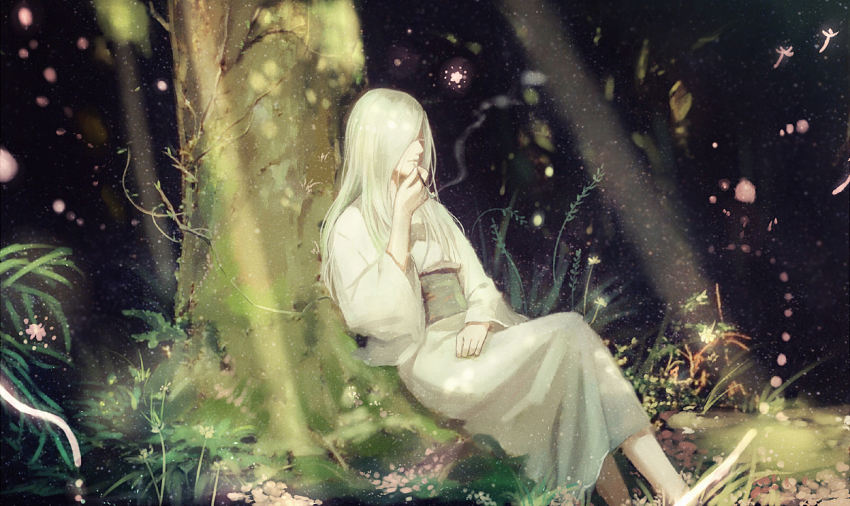 1girl, creature, eyelashes, glowing, grass, hair_over_eyes, holding, holding_smoking_pipe, japanese_clothes, kimono, kiseru, long_hair, long_sleeves, mushishi, nature, nui_(mushishi), obi, outdoors, smoking_pipe, sash, sencha_aiiiko, sitting, smoke, smoking, sunlight, tree, under_tree, white_kimono, wide_sleeves