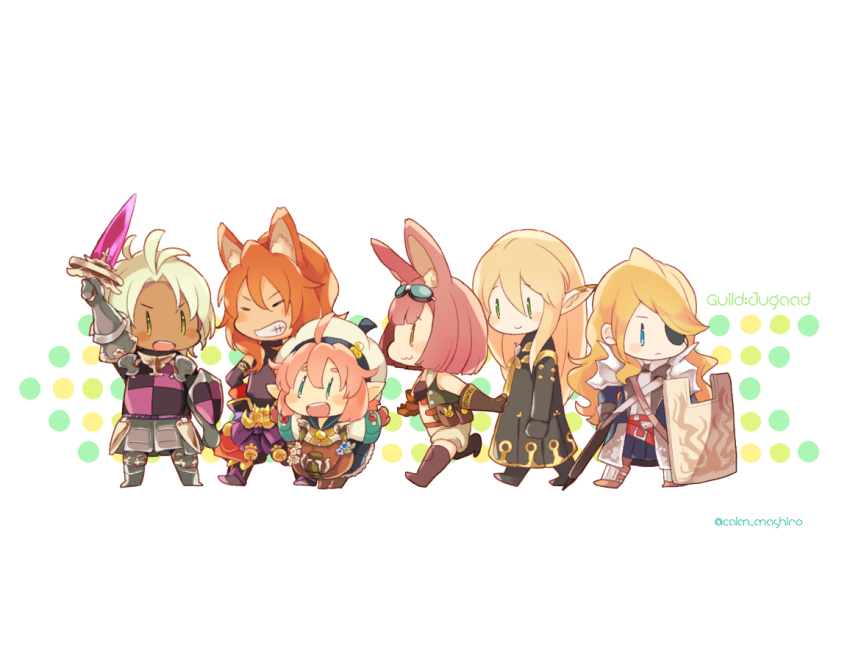 6+girls, animal_ear_fluff, animal_ears, blonde_hair, blue_eyes, calm_mashiro, character_request, chibi, dragoon_(sekaiju), dragoon_2_(sekaiju), etrian_odyssey, eyepatch, fencer_(sekaiju), fencer_1_(sekaiju), gloves, green_eyes, grin, hat, herbalist_(sekaiju), herbalist_2_(sekaiju), hound_(sekaiju), hound_2_(sekaiju), long_hair, masurao_(sekaiju), masurao_1_(sekaiju), multiple_girls, open_mouth, pink_hair, pointy_ears, sekaiju_no_meikyuu, sekaiju_no_meikyuu_5, short_hair, smile, warlock_(sekaiju), warlock_3_(sekaiju)