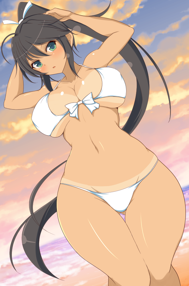 10s, 1girl, adjusting_hair, bare_arms, bare_legs, bare_shoulders, beach, bikini