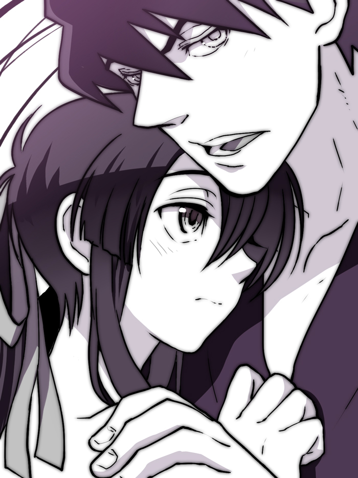 10s, 2boys, age_difference, drifters, fujiwara_riyu, hair_over_one_eye, hug, long_hair