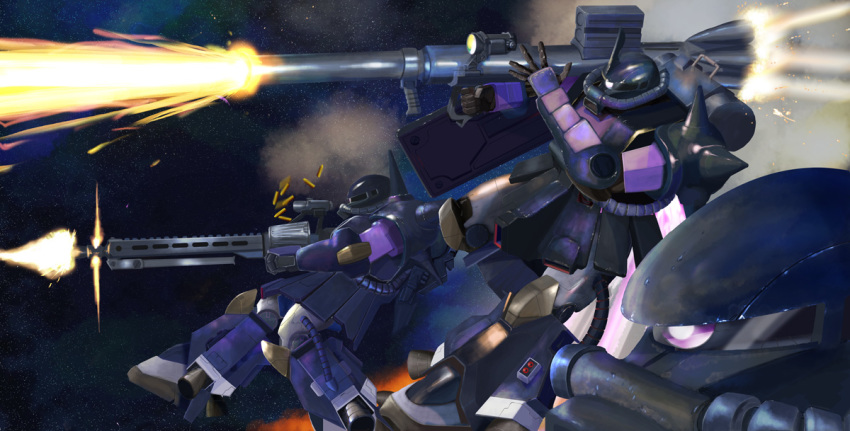 bad_id, bad_pixiv_id, battle, cable, firing, gun, gundam, i.t.o_daynamics, m1_bazooka, machine_gun, mecha, mobile_suit_gundam, mobile_suit_gundam_the_origin, realistic, robot, rocket_launcher, science_fiction, shell_casing, space, spikes, star_(sky), thrusters, weapon, zaku_ii, zaku_ii_hmt_black_tri-stars_custom