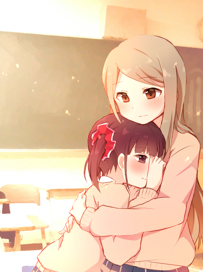 2girls, blonde_hair, blush, couple, cousins, hair_ornament, happy, hug